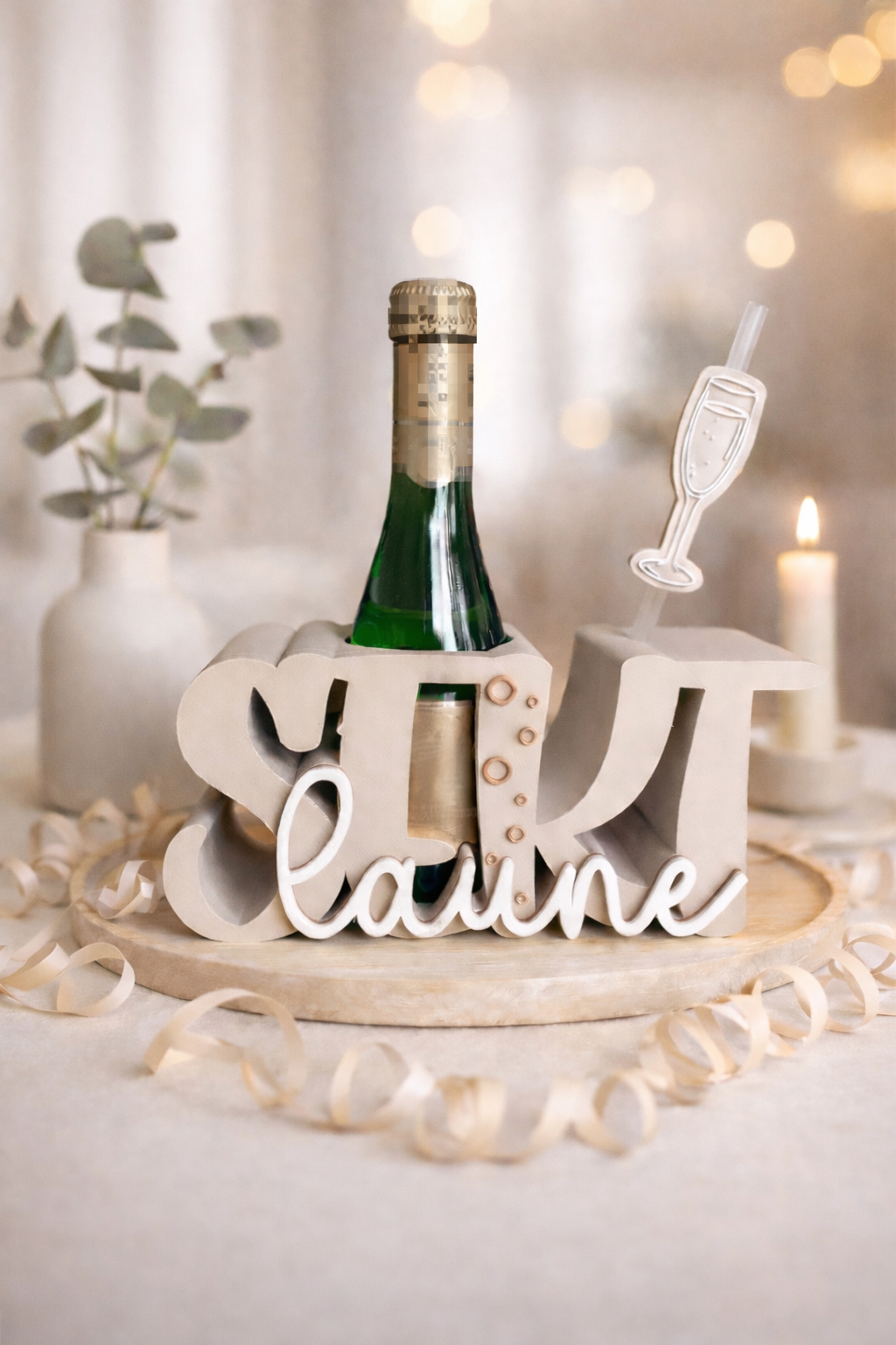 Sektlaune Schriftzug Flaschenhalter (3D Druck)