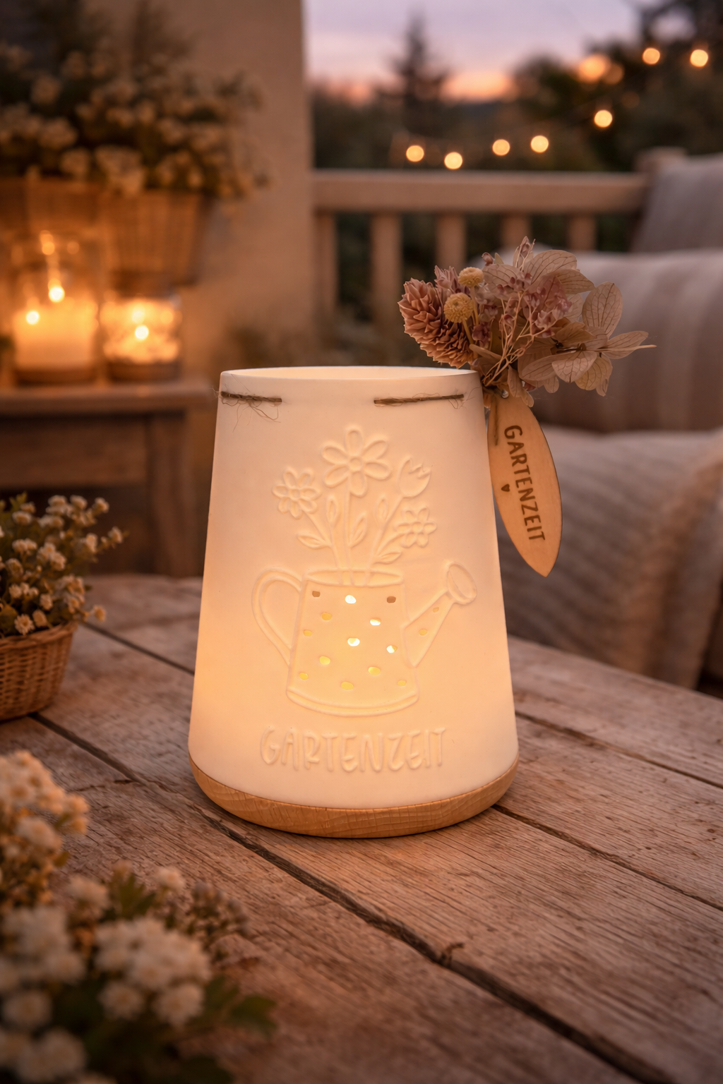 Windlicht Gartenzeit (3D Druck) mit Holzsockel
