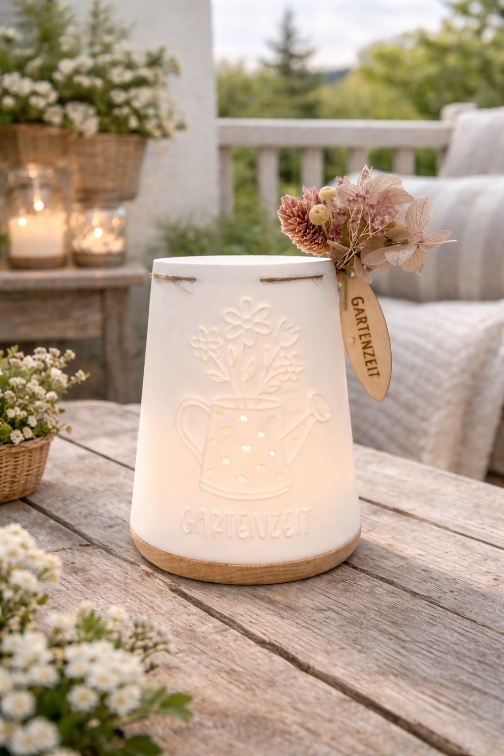 Windlicht Gartenzeit (3D Druck) mit Holzsockel