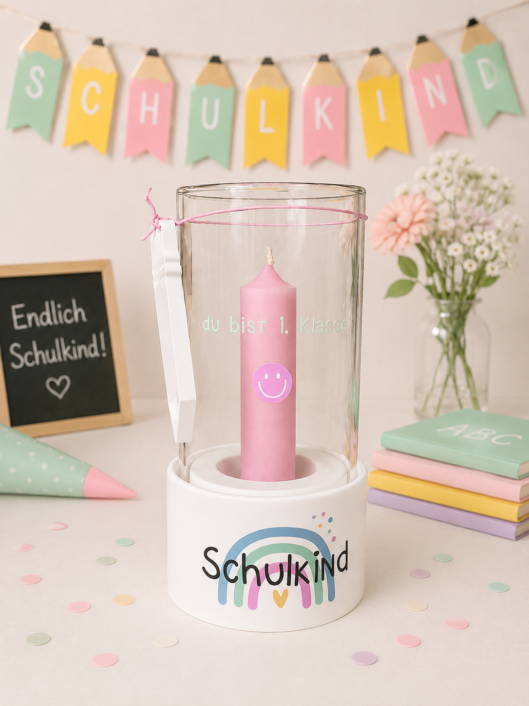 Windlicht Schulkind mit Stabkerze